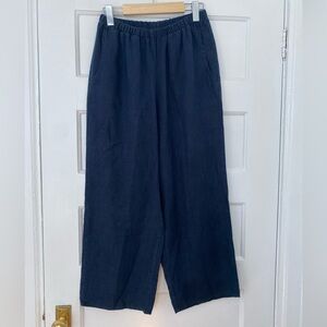 Flax 100% linen navy blue elastic waist cropped pants